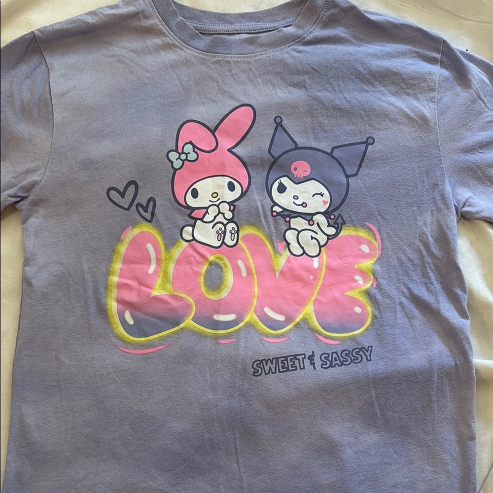 Sanrio Lavender Tee with Pink 'LOVE' Bubble Graphic